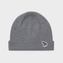 PS Paul Smith Grey 'Zebra' Logo Ribbed Lambswool Beanie Hat