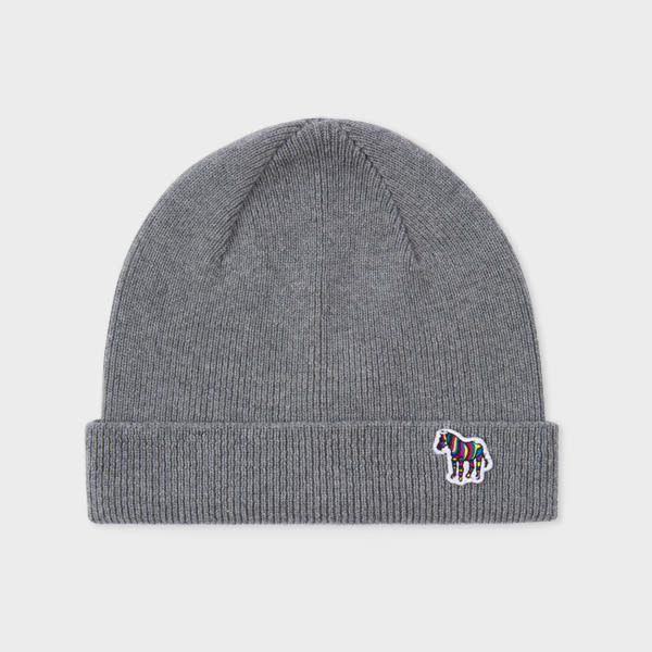 PS Paul Smith Grey 'Zebra' Logo Ribbed Lambswool Beanie Hat