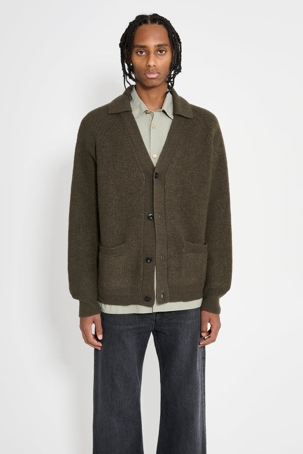 Margaret Howell MHL Collared Cardigan Virgin Wool Dark Olive