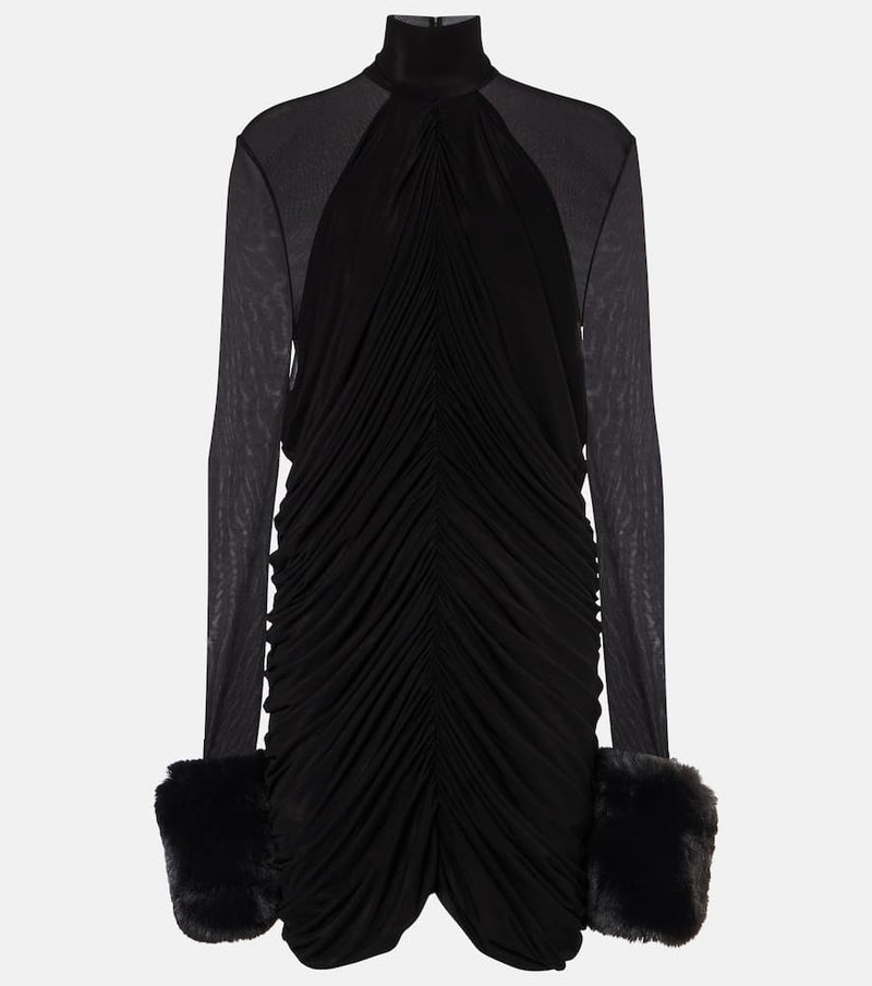 Magda Butrym Gathered faux fur-trimmed mesh minidress