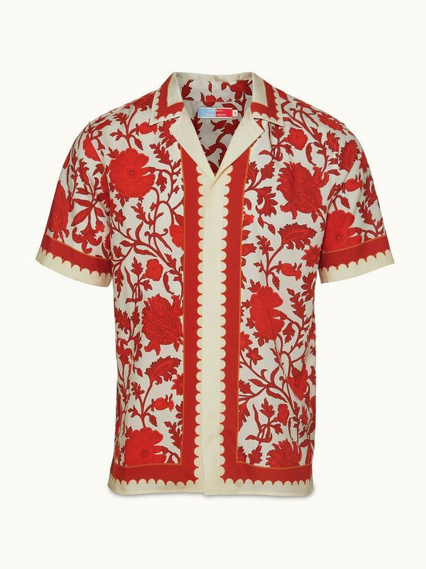 Maitan - Dragonflower Print Relaxed Fit Capri Collar Shirt in Summer Red/White Sand