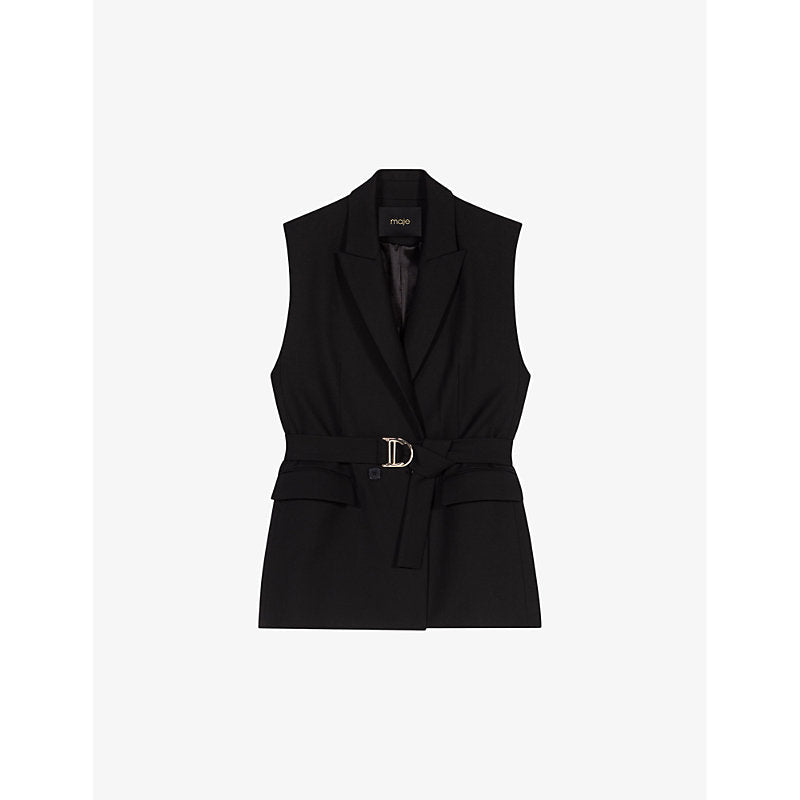  Maje Belted-waist double-breasted sleeveless stretch-woven blazer