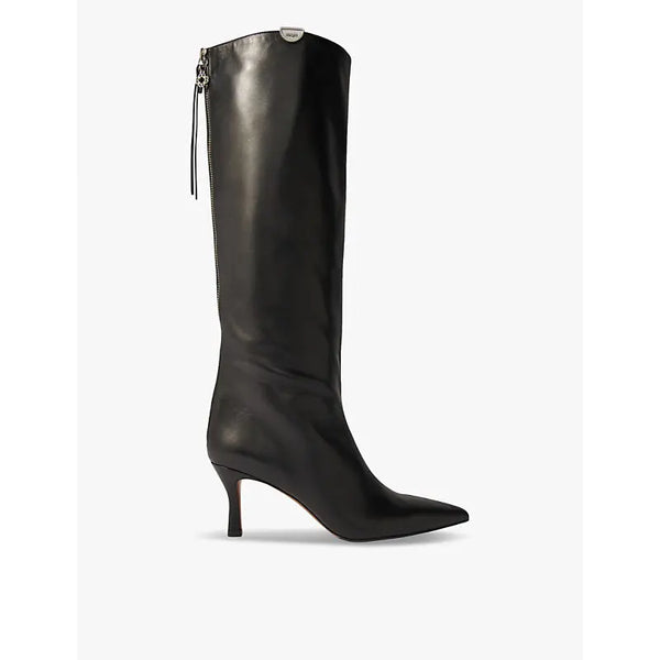 Maje Logo-charm heeled leather knee-high boots