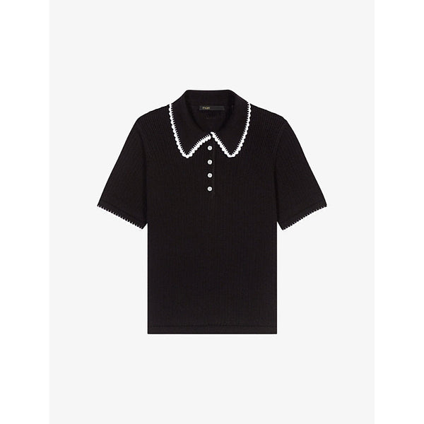 Maje Pointelle-collar short-sleeve cotton polo shirt | LYBSTORE