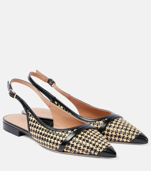 Malone Souliers Jama leather-trimmed raffia ballet flats | LYBSTORE