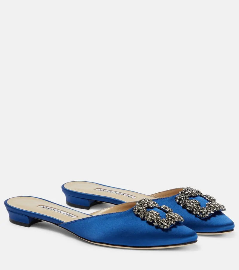 Manolo Blahnik Hangisimuflat embellished satin mules | LYBSTORE