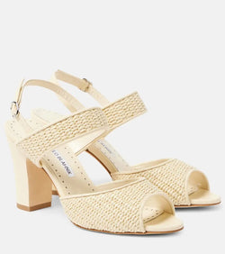 Manolo Blahnik Khiko leather-trimmed raffia sandals | LYBSTORE