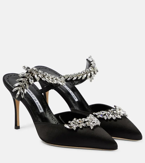 Manolo Blahnik Lurum 90 embellished satin mules | LYBSTORE