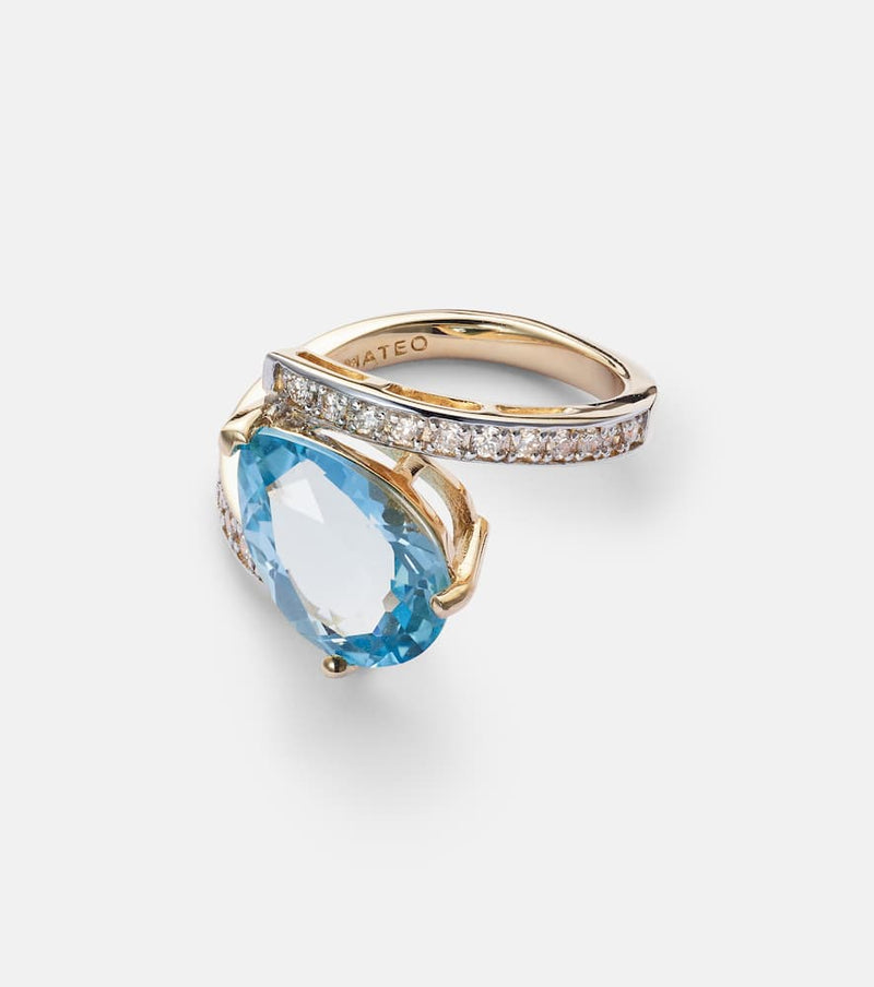 Mateo Slanted 14kt gold ring with topaz and diamonds