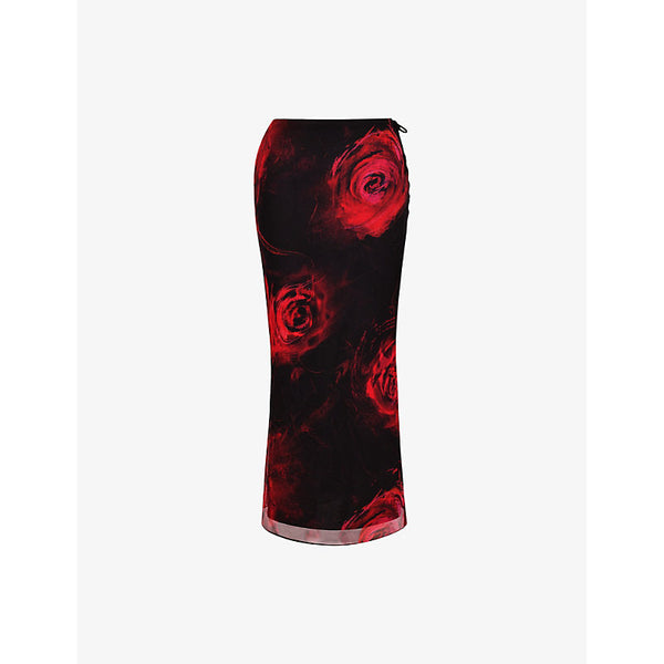 Mistress Rocks Floral-print slim-fit mesh midi skirt | LYBSTORE