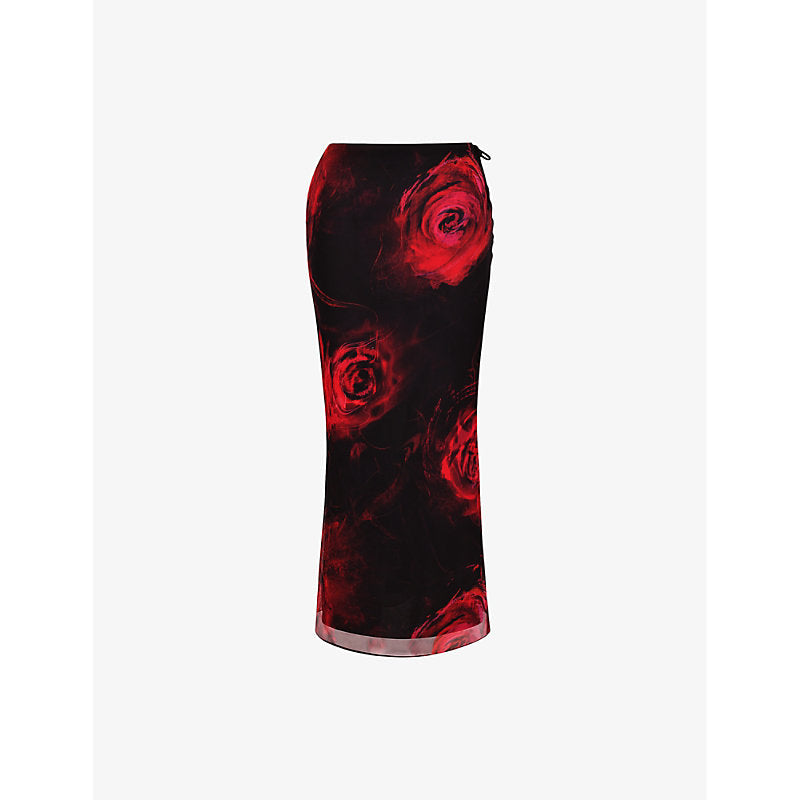 Mistress Rocks Floral-print slim-fit mesh midi skirt | LYBSTORE