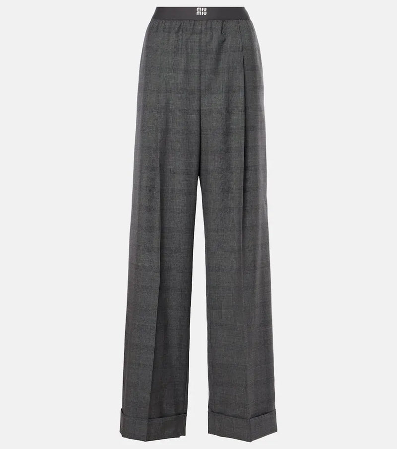 Miu Miu Checked wool grain de poudre wide-leg pants | LYBSTORE