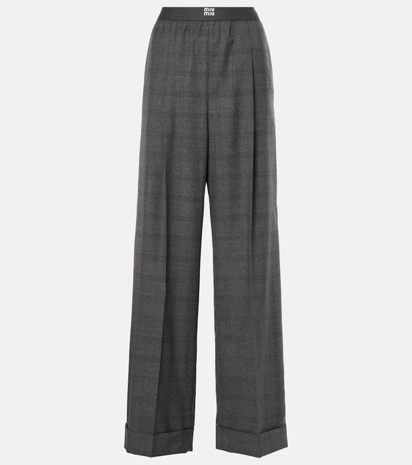 Miu Miu Checked wool grain de poudre wide-leg pants