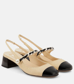 Miu Miu Leather-trimmed raffia slingback pumps