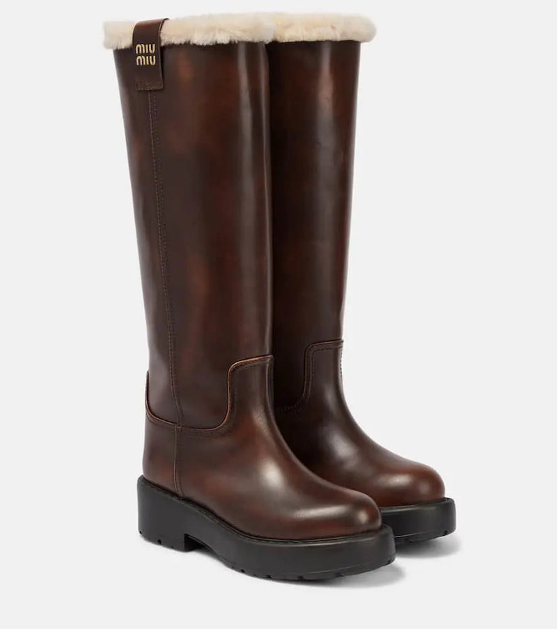 Miu Miu Shearling-lined leather knee-high boots