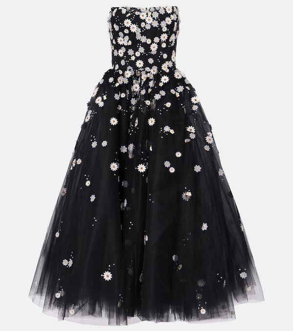 Monique Lhuillier Floral-appliqué strapless tulle midi dress