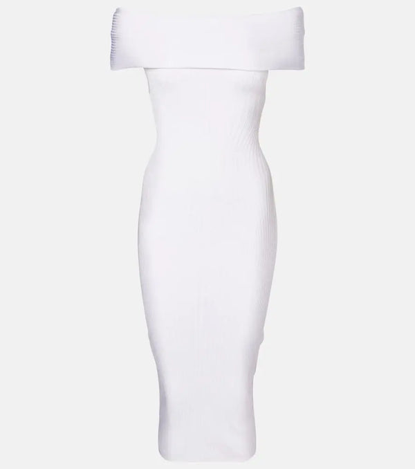 Mugler Ribbed-knit off-shoulder midi dress