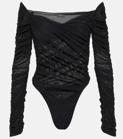 Mugler Ruched off-shoulder mesh bodysuit