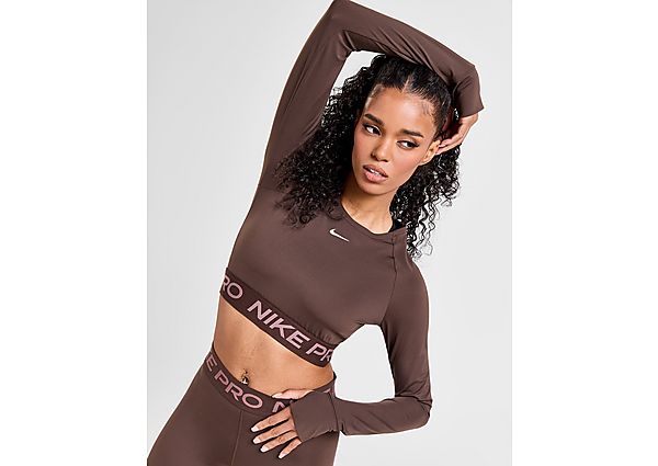 Nike Training Pro Long Sleeve Crop Top Baroque Brown White