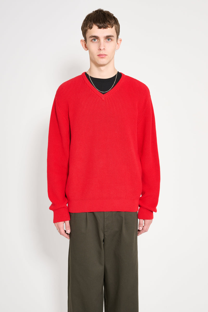 Noah V-Neck Shaker Stitch Sweater Red