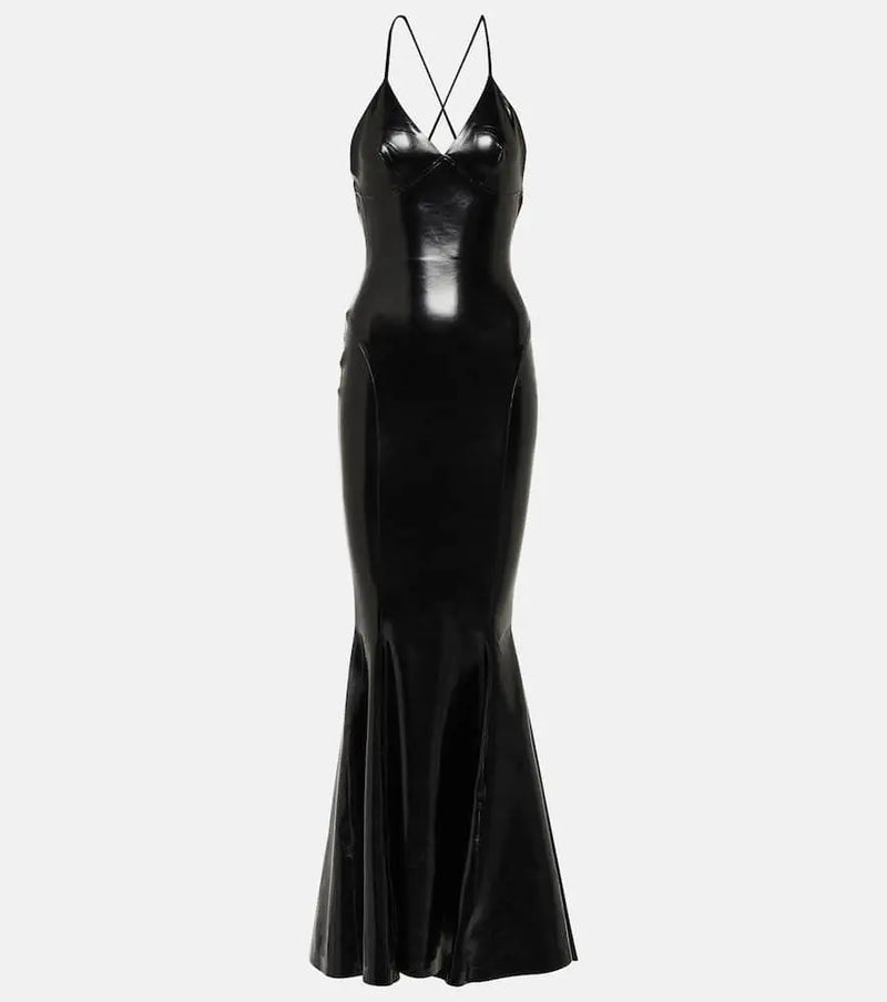 Norma Kamali Open-back faux patent leather maxi dress | LYBSTORE