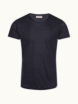 Ob-T Linen - Navy Tailored Fit Crew Neck Linen T-Shirt