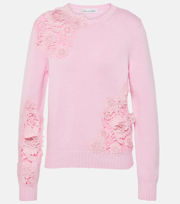 Oscar de la Renta Floral lace-trimmed cotton sweater