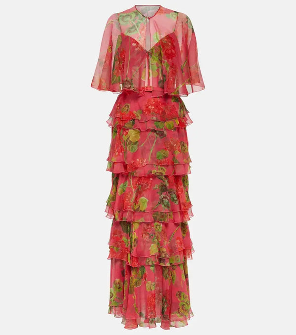 Oscar de la Renta Floral tiered silk chiffon gown | LYBSTORE