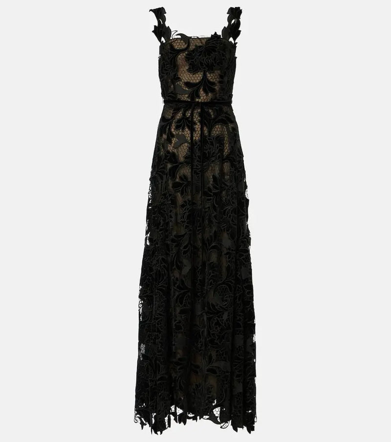 Oscar de la Renta Guipure lace-trimmed velvet gown | LYBSTORE