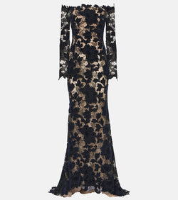 Oscar de la Renta Off-shoulder velvet guipure gown