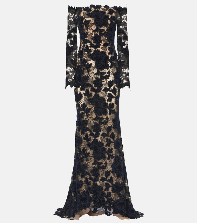 Oscar de la Renta Off-shoulder velvet guipure gown