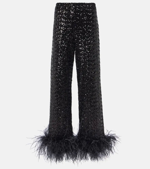 Oséree Feather-trimmed embellished wide-leg pants | LYBSTORE