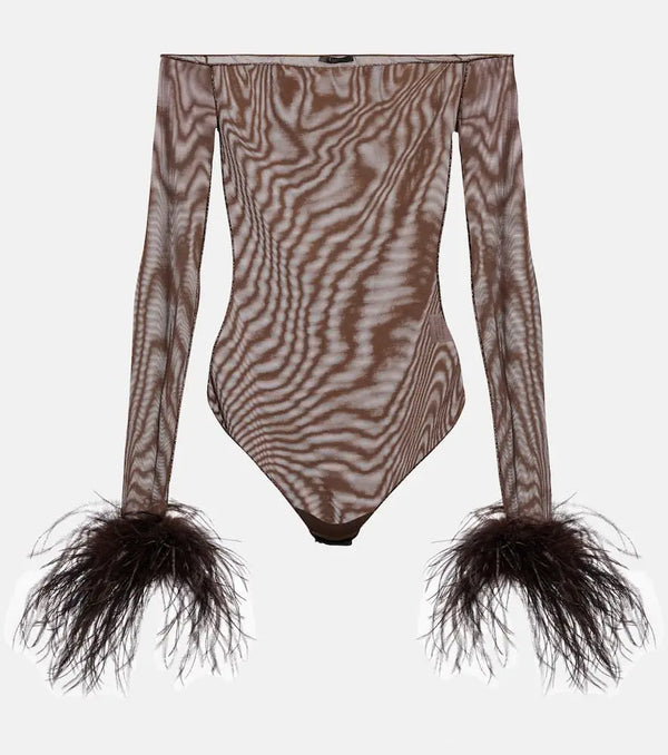 Oséree Feather-trimmed mesh bodysuit | LYBSTORE