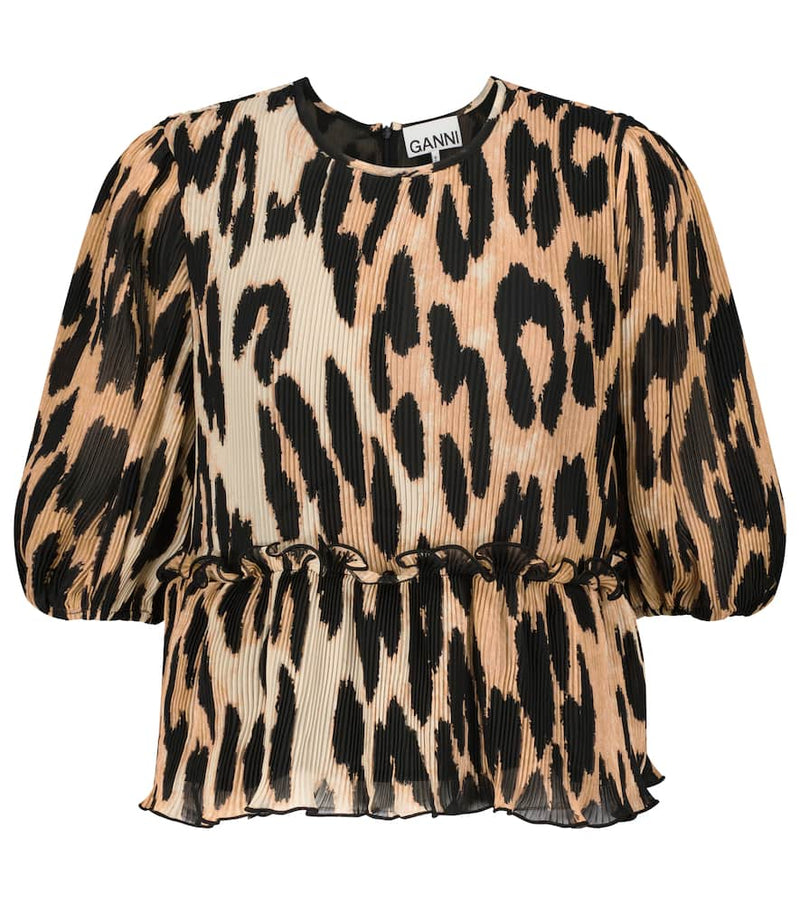 Ganni Leopard-print pleated georgette top