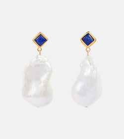 Sophie Buhai Mer Large 18kt gold earrings with lapis and baroque pearls