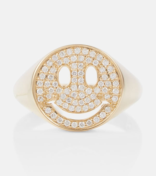 Sydney Evan Happy Face 14kt yellow gold signet ring with diamonds