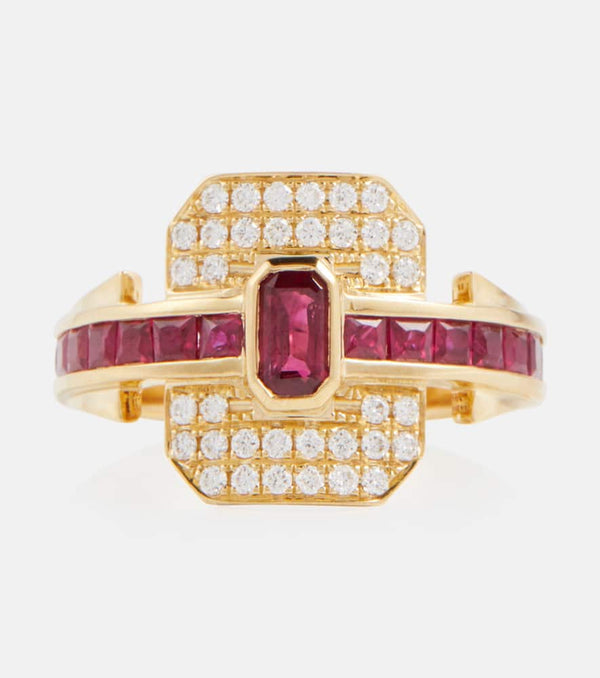 Rainbow K Shield 18kt gold ring with diamonds and rubies