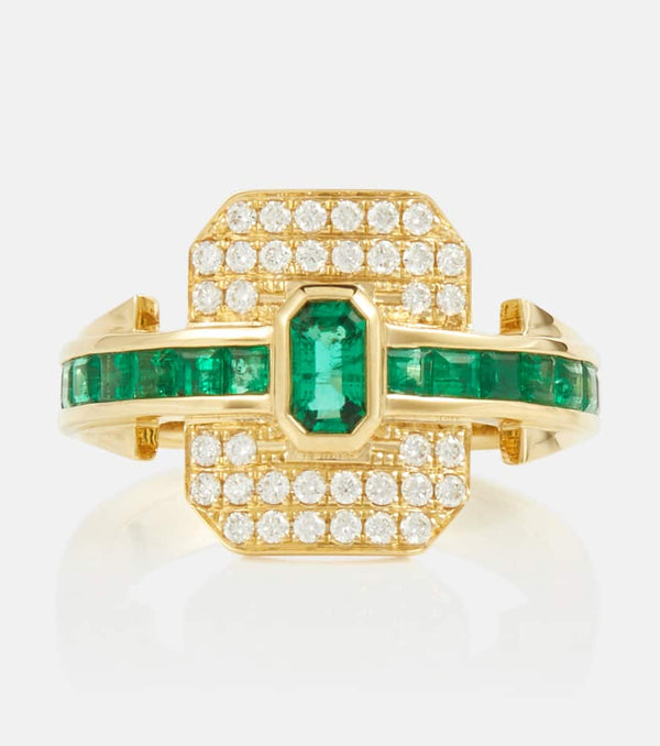 Rainbow K Shield 18kt gold ring with diamonds and emeralds