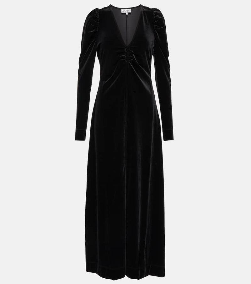 Ganni Puff-sleeve velvet maxi dress