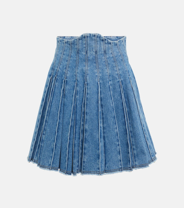 Balmain Pleated high-rise denim miniskirt