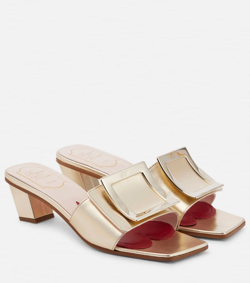 Roger Vivier Love Metal Buckle metallic leather mules