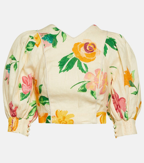 Alémais Puff-sleeve floral linen crop top