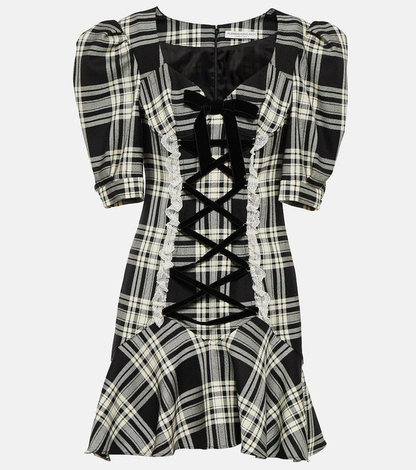 Alessandra Rich Lace-up checked wool minidress