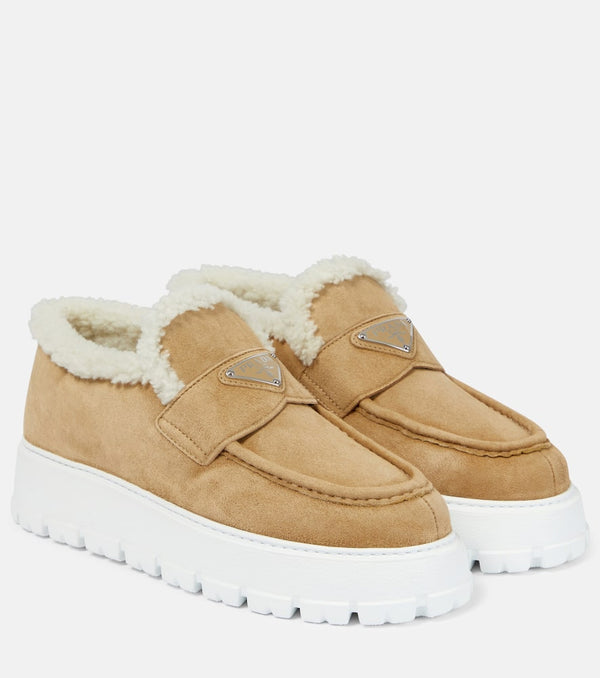 Prada Shearling-trimmed suede platform loafers