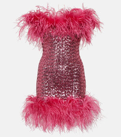 Oséree Feather-trimmed sequined minidress