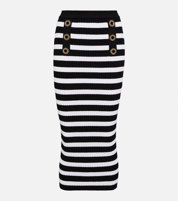 Balmain Embellished striped knit midi skirt