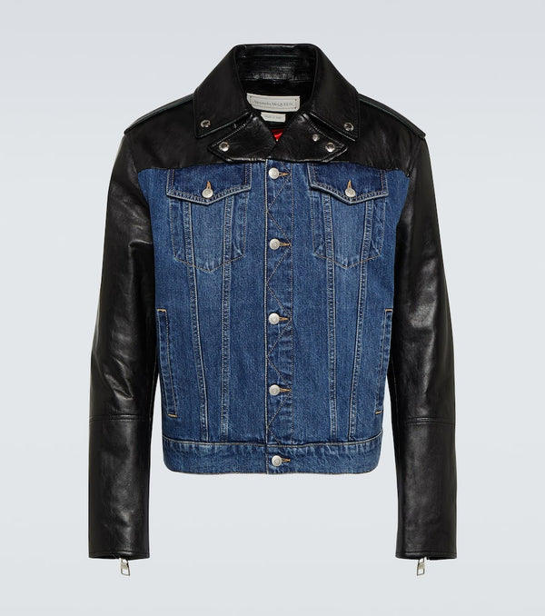 Alexander McQueen Leather-trimmed denim jacket