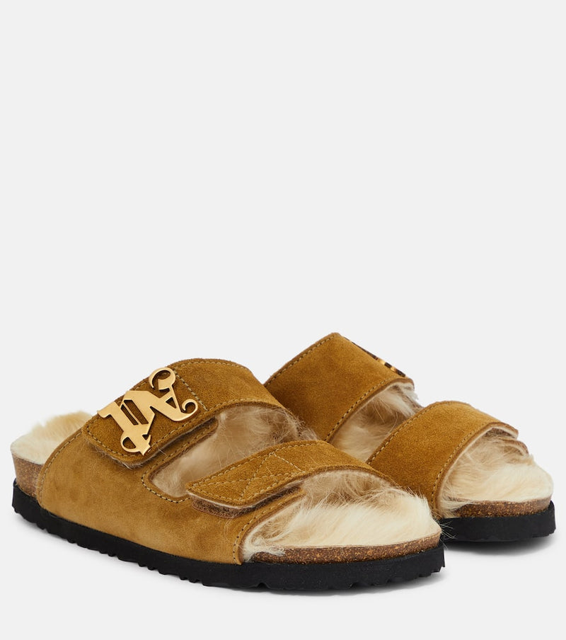 Palm Angels Shearling-Lined Suede Slides Beige