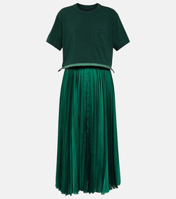 Sacai Pleated jersey and satin midi dress