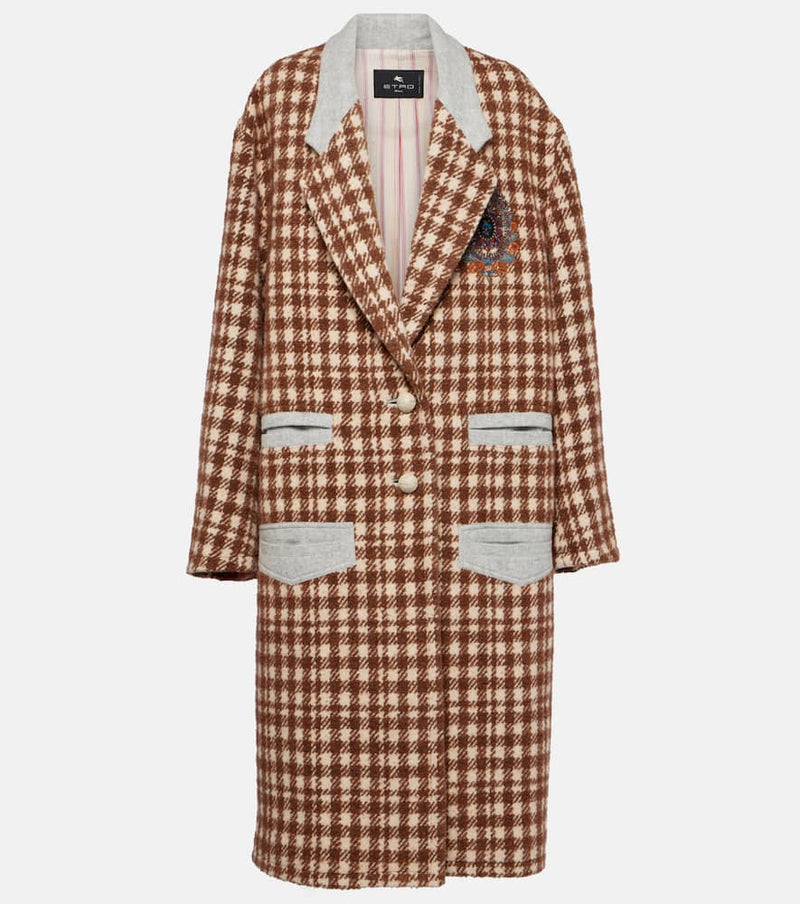 Etro Embroidered houndstooth wool-blend coat